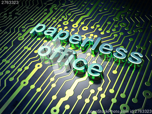 Image of Finance concept: circuit board with word Paperless Office