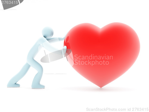 Image of Man figure pushing beautiful red heart