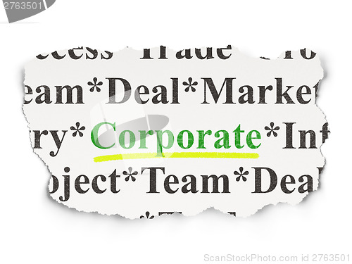 Image of Torn newspaper with words Corporate on  background