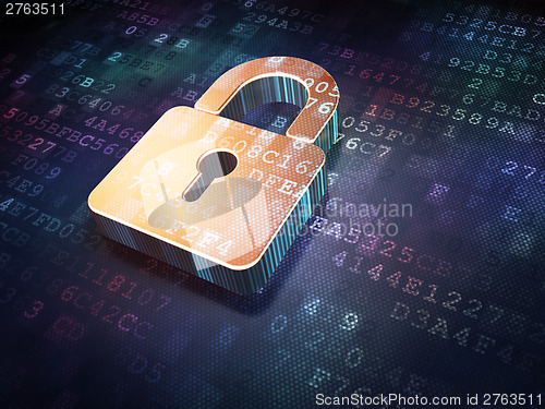 Image of Security concept: Golden closed padlock on digital background