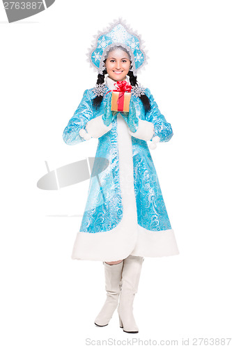 Image of Beautiful woman in winter costume