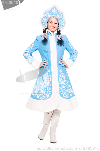 Image of Young brunette in snow maiden costume