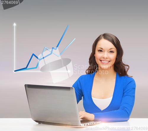 Image of smiling woman in blue clothes with laptop computer