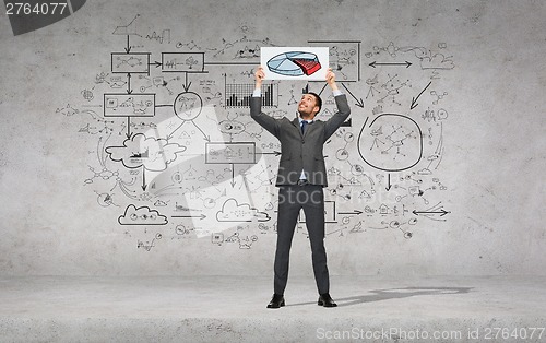 Image of smiling businessman with white board with diagram