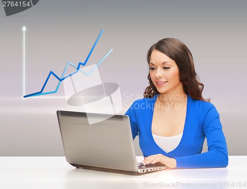 Image of smiling woman in blue clothes with laptop computer