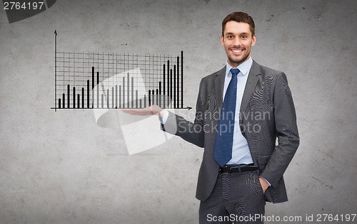 Image of man showing growing chart on the palm of his hand