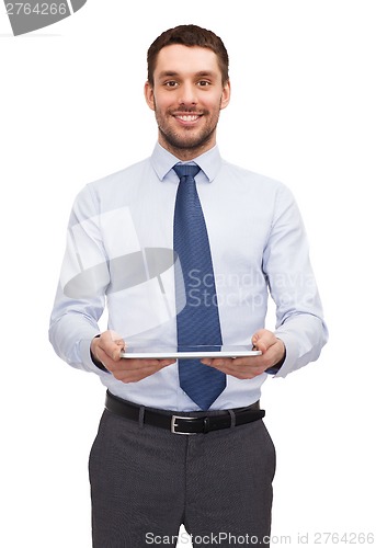 Image of young businesswoman with tablet pc