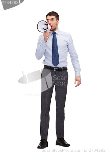 Image of angry businessman with megaphone