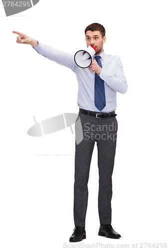 Image of angry businessman with megaphone