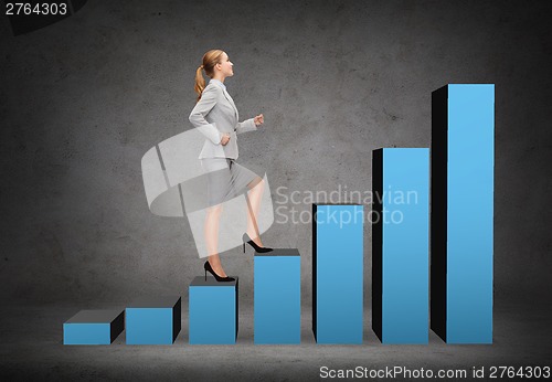 Image of smiling businesswoman stepping on chart bar