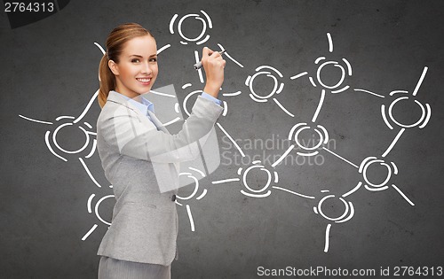 Image of businesswoman writing something in air with marker