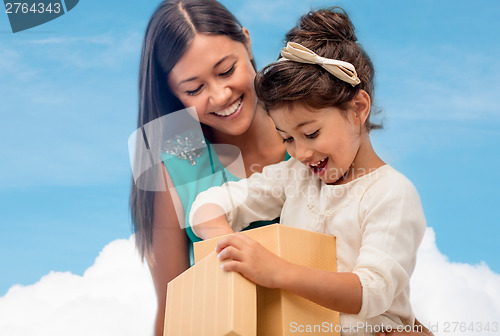 Image of happy mother and child girl with gift box