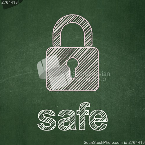 Image of Protection concept: Closed Padlock and Safe on chalkboard background