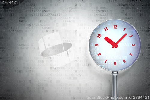 Image of Timeline concept:  Clock with optical glass on digital background