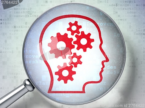 Image of Finance concept: Head With Gears with optical glass on digital background