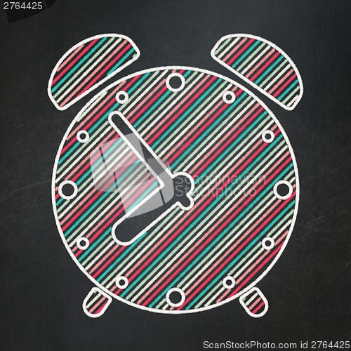 Image of Timeline concept: Alarm Clock on chalkboard background