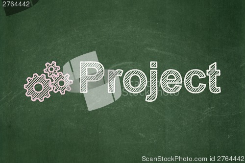 Image of Finance concept: Gears and Project on chalkboard background