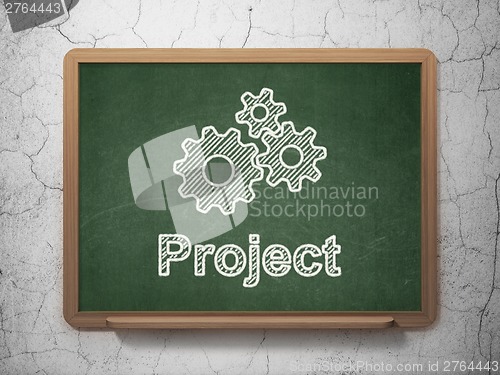 Image of Finance concept: Gears and Project on chalkboard background