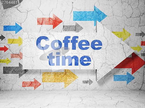 Image of Time concept: arrow with Coffee Time on grunge wall background