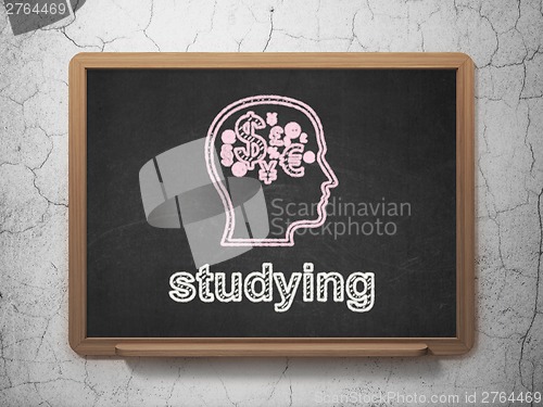 Image of Education concept: Head With Finance Symbol and Studying on chalkboard background