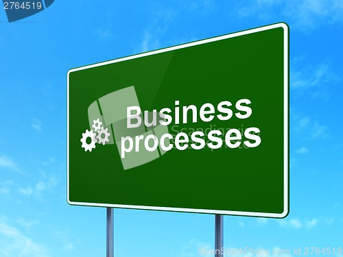 Image of Finance concept: Business Processes and Gears on road sign background