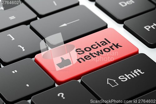Image of Social media concept: Thumb Up and Social Network on computer keyboard background