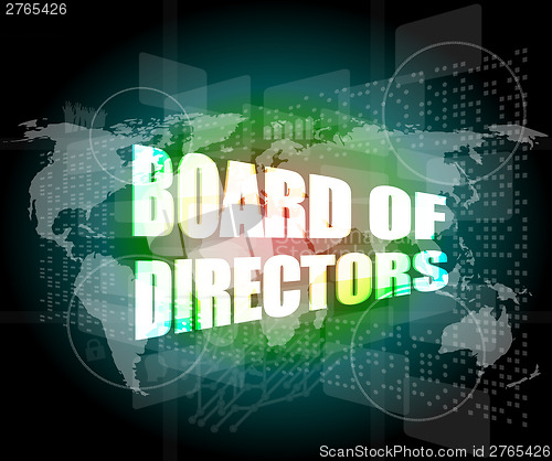 Image of board of directors words on digital screen background with world map