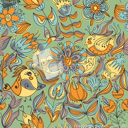 Image of Seamless texture with flowers and birds