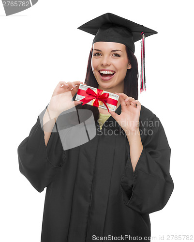 Image of Female Graduate Holding Stack of Gift Wrapped Hundred Dollar Bil