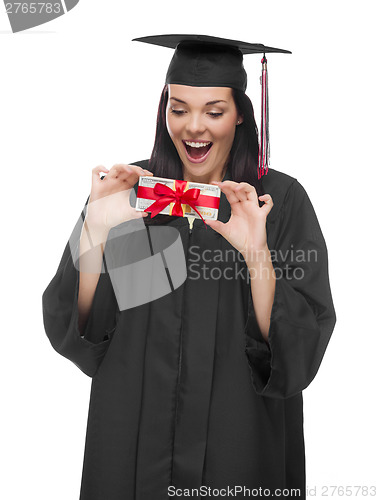 Image of Female Graduate Holding Stack of Gift Wrapped Hundred Dollar Bil