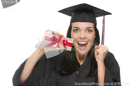 Image of Female Graduate Holding Stack of Gift Wrapped Hundred Dollar Bil