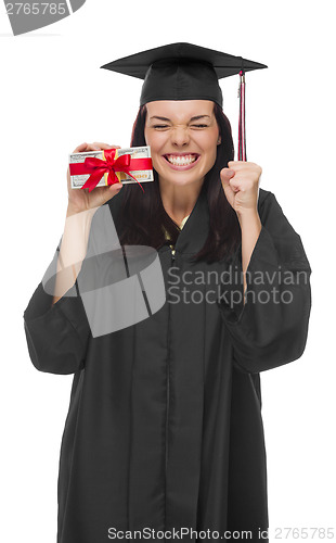 Image of Female Graduate Holding Stack of Gift Wrapped Hundred Dollar Bil