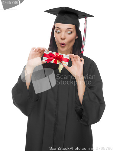 Image of Female Graduate Holding Stack of Gift Wrapped Hundred Dollar Bil