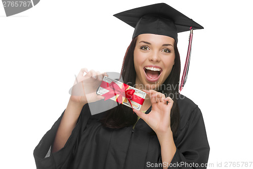 Image of Female Graduate Holding Stack of Gift Wrapped Hundred Dollar Bil