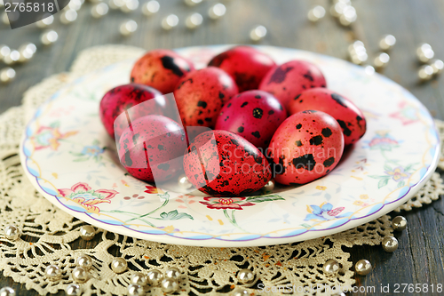 Image of Easter eggs on a beautiful plate.