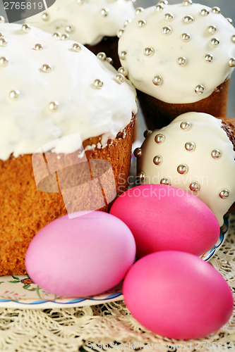 Image of Easter cakes and eggs closeup.