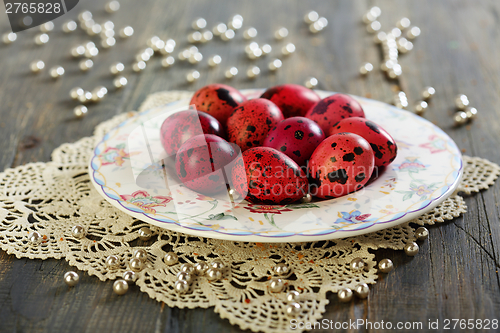 Image of Easter eggs on a beautiful dish.