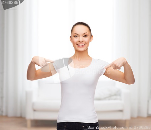 Image of smiling woman in blank white t-shirt