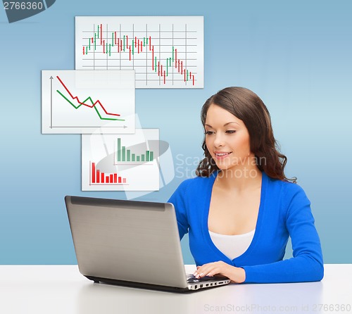 Image of smiling woman in blue clothes with laptop computer