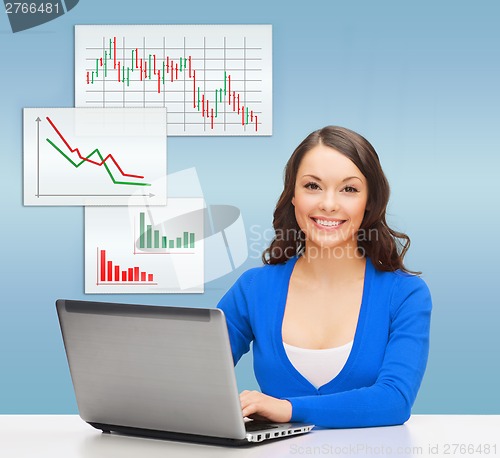 Image of smiling woman in blue clothes with laptop computer