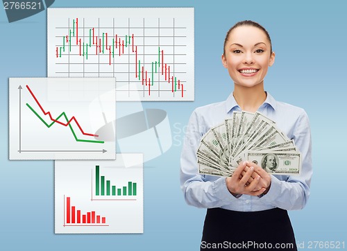 Image of young businesswoman with dollar cash money