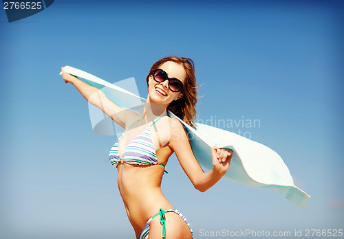 Image of girl in bikini and shades on the beach