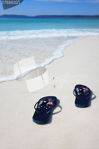 Image of Australian flag thongs beach vacation celebration