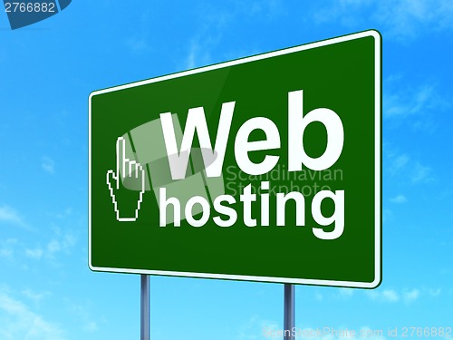 Image of Web development concept: Web Hosting and Mouse Cursor on road sign background