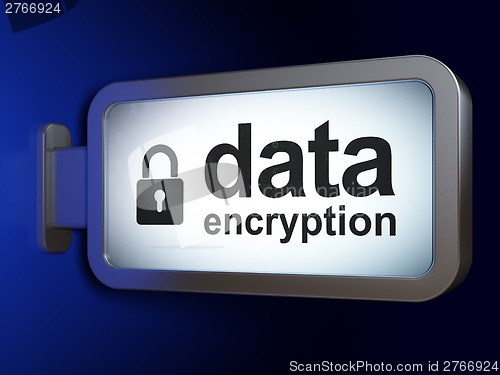 Image of Security concept: Data Encryption and Closed Padlock on billboard background