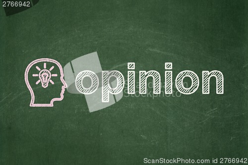 Image of Advertising concept: Head With Lightbulb and Opinion on chalkboard background