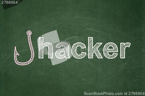 Image of Protection concept: Fishing Hook and Hacker on chalkboard background