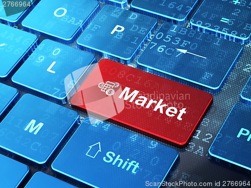 Image of Finance concept: Calculator and Market on computer keyboard background