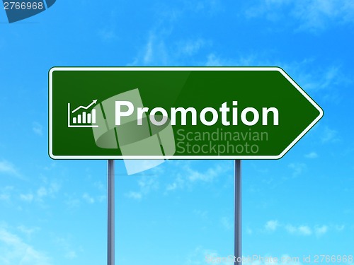 Image of Advertising concept: Promotion and Growth Graph on road sign background
