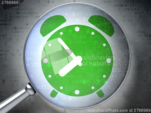 Image of Timeline concept: Alarm Clock with optical glass on digital background
